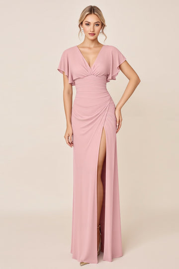 Candy Pink Sheath V Neck Ruffle Sleeves Ruched Long Bridesmaid Dress with Slit